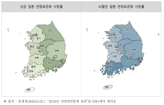 지자체별 심장·뇌혈관 질환 연령표준화 사망률(2019년)