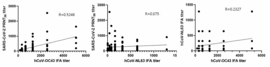SARS-CoV-2 중화항체, hCoV-OC43 및 hCoV-NL63 IFA 항체가의 상관관계