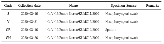 SARS-CoV-2 isolates with different genetic clade characteristic used in this study