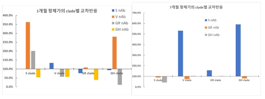 감염초기 (1개월) 및 감염 7개월 경과 후 유전형별 중화항체가 교차반응성