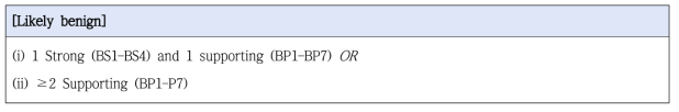 Likely benign (준 양성 변이)로 판정할 수 있는 근거의 조합