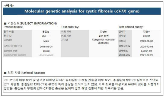 유전자 검사 결과 보고서에 기재되어야 하는 사항