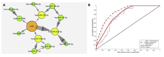 소아 천식 환자에서 기관지과민성 소실을 예측하는 circulating miRNA network (Markov neighborhood of conditional Bayesian network)과 ROC curve로 본 예측력