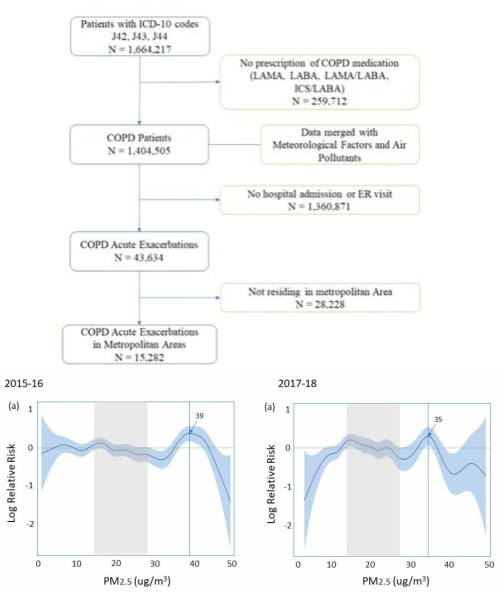 초미세먼지 농도와 COPD환자의 중증 급성악화의 관계. 2015~16년에는 39ug/m3의 최고점이었고, 2017~18년에는 35ug/m3의 peak임