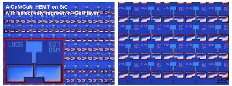 n+-GaN 층이 선택적 재성장된 4인치 기반 HEMT 에피소재의 광학현미경 이미지