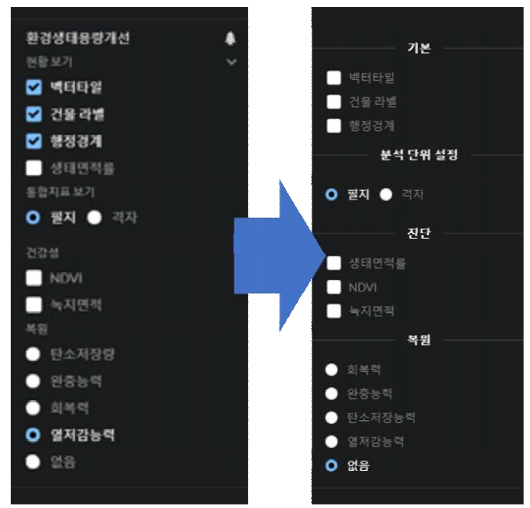 왼쪽 사이드 메뉴 개선(좌: 개선 전, 후: 개선 후)