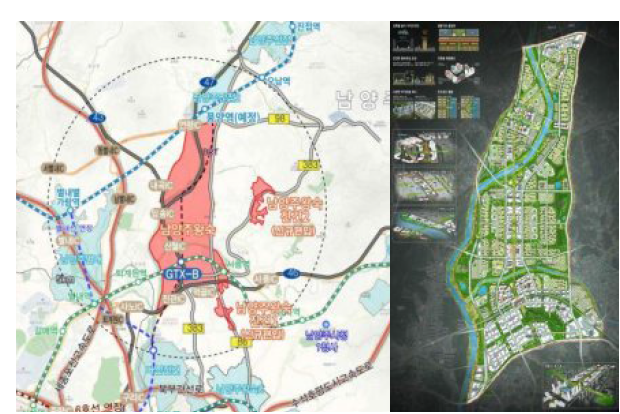 남양주 왕숙지구 (좌)위치도, (우)건화컨소시컴이 제안한 기본계획/기본설계안