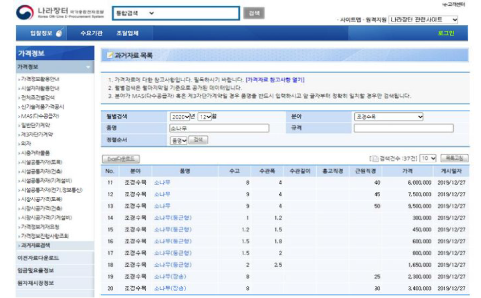 조달청(나라장터) - 「2020년 기준 조경 수목 가격표」