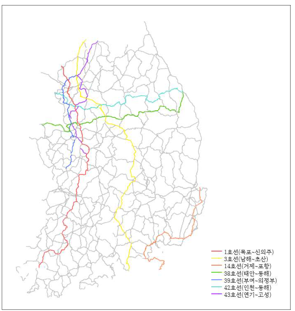 51개의 일반국도 중 상대적으로 건/km 높은 노선 시각화