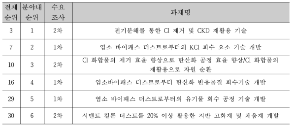 AHP 적용 도출과제 우선순위(Cl 화합물 분리 및 재활용 기술개발 분야)