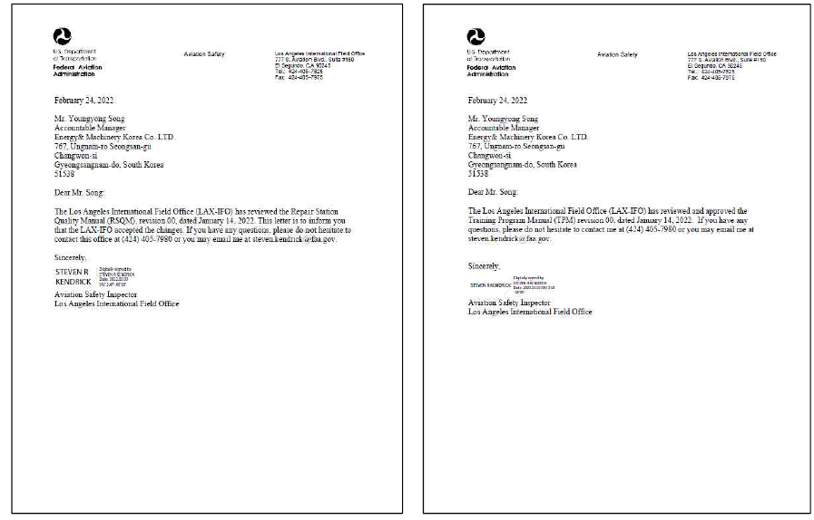 RSQCM Acceptance Letter / TPM Approved Letter 접수 (송부처: FAA LAX-IFO)