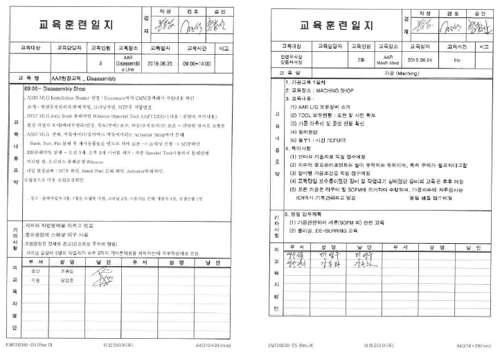 분해공정 및 가공부문 교육훈련 일지