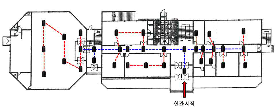 LiDAR 스캐닝 계획 모식도 (파란선: 기준 스캐닝, 빨간선: 세부 스캐닝)