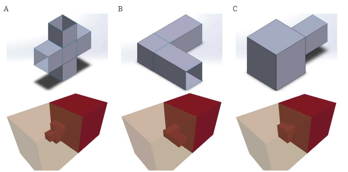 3D 프린팅 블럭 간 체결부 형상. (A) 교차형 체결 모델, (B) L형 체결 모델, 그리고 (C) 체임버 형 체결 모델