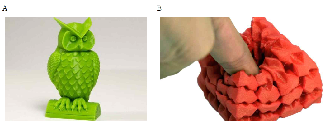 3D 프린터 출력물: (A) PLA 필라멘트를 사용한 출력물 그리고 (B) TPU 필라멘트를 사용한 출력물 [자료: PLA, TPU]