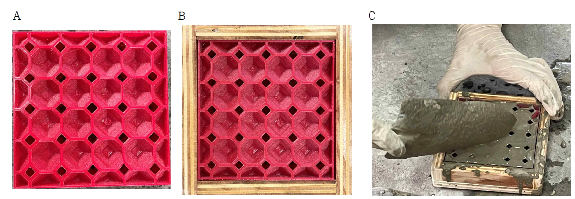 모르타르-TPU 시편 제작 과정: (A) TPU 형틀 출력, (B) 거푸집에 설치된 형틀, 그리고 (C) 모르타르 타설