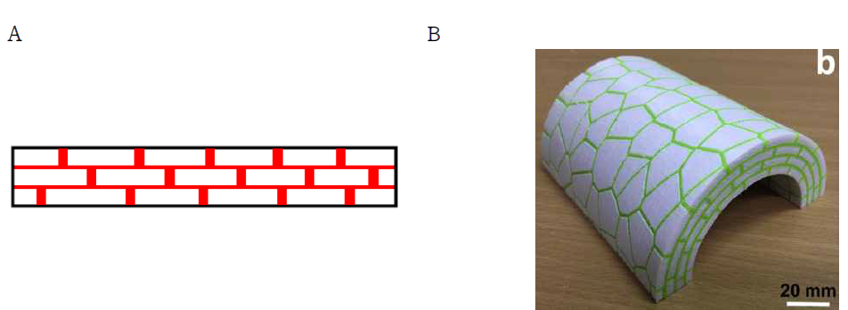 도브테일 형태로 쌓아 올린 진주층 모사 복합재료. (A) 얇은 판(plate) 구조를 띤 진주층 패턴[K. Ko, et al., 2020] 그리고 (B) 곡면 형태의 진주층 패턴[P. Tran, et al., 2017]