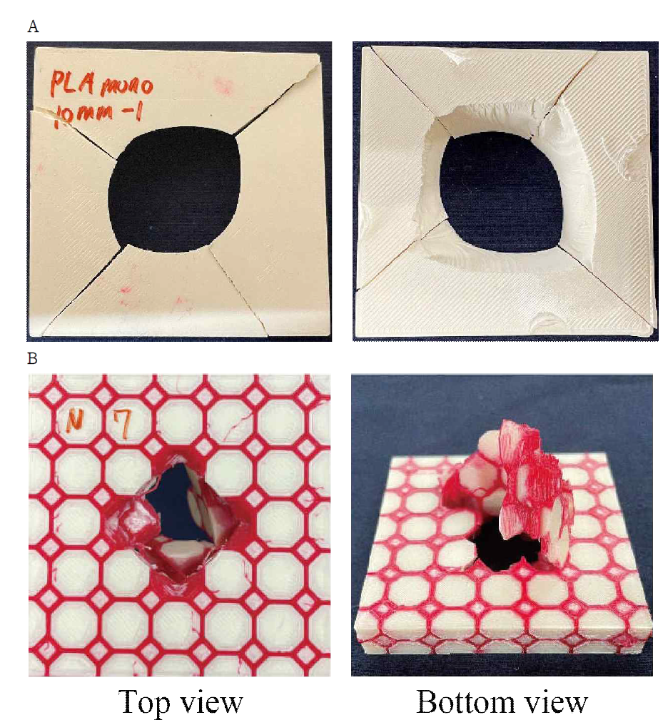 낙하충격실험으로 관측된 시편들의 데미지 패턴: (A) 시편 P(단일 PLA) 그리고 (B) 시편 V(PLA-TPU 3차원 보로노이 패턴)