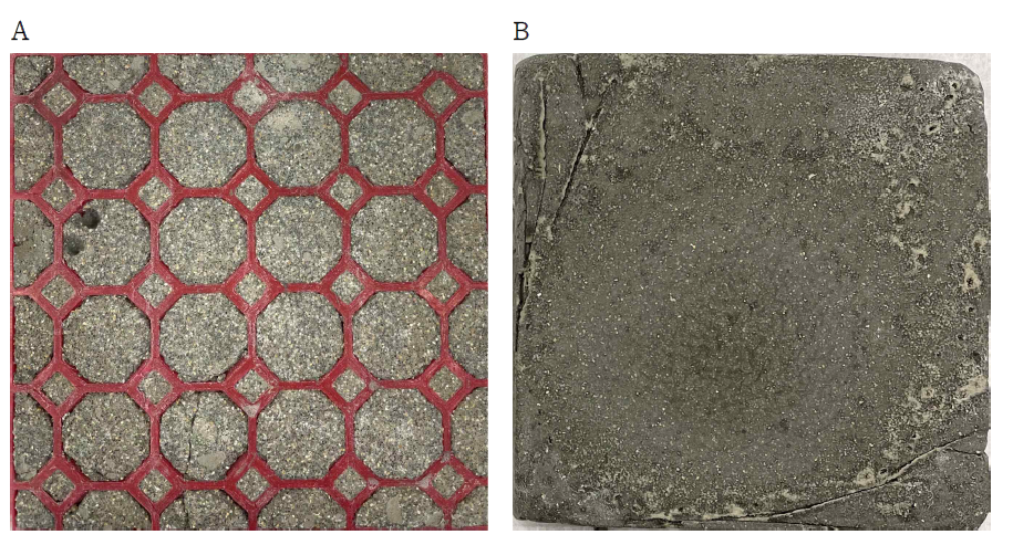 충격시험 실험체 (A) 보로노이 패턴 시편 그리고 (B) 단일 모르타르 시편