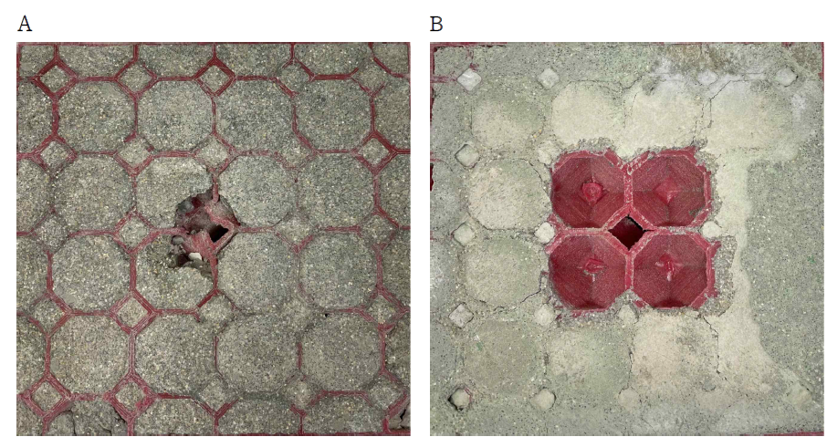 낙하충격실험으로 관측된 TPU-모르타르 블럭 시편의 데미지 패턴: (A) 상면 부 모습 그리고 (B) 하면 부 모습