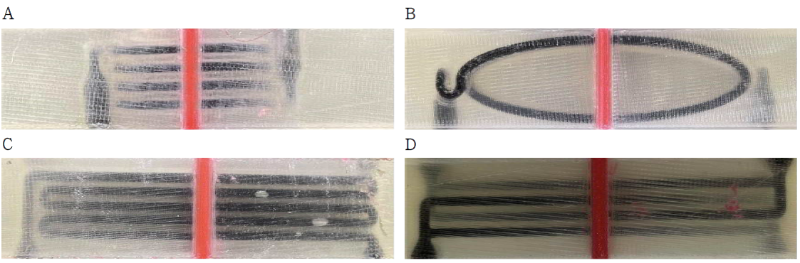 에폭시 수지 주입이 완료된 채널 시제품: (A) 채널 A(스프링 형상), (B) 채널 B(넓은 스프링 형상), (C) 채널 C(사인 웨이브 형상) 그리고 (D) 채널 D(대각선 형상)