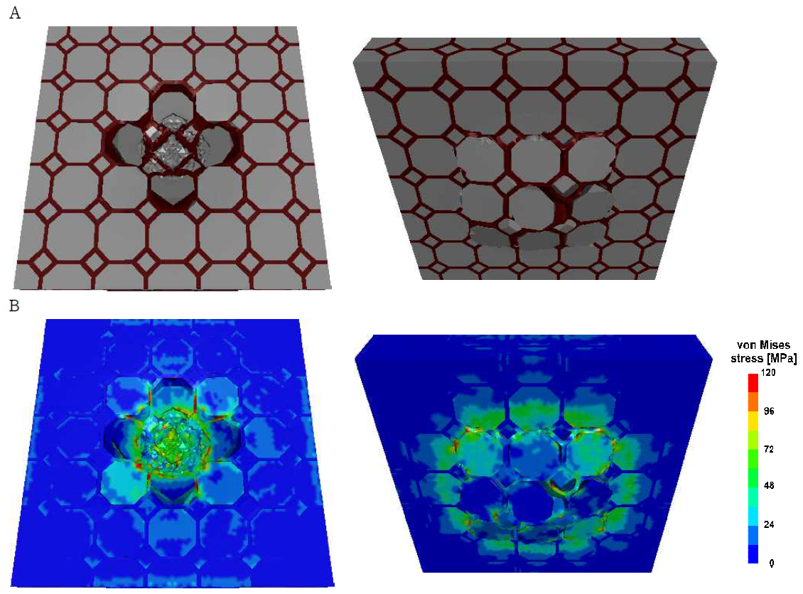 3차원 보로노이 모델의 파괴 형상 수치해석 관측 결과: (A) 손상패턴 그리고 (B) 폰 미세스(von Mises) 응력 분포
