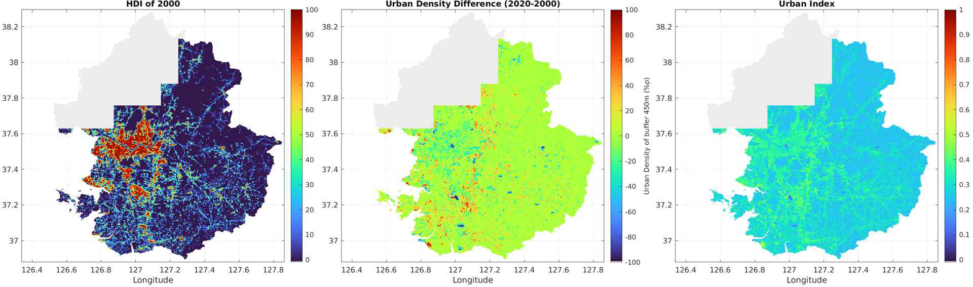 좌: 도시 토지피복 밀도 (각각 2000년도와 변화량), 우: 도시화 지수