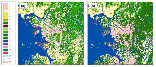 도시화 시나리오에 따른 토지피복변화 (a) Historical land cover (b) Future land cover