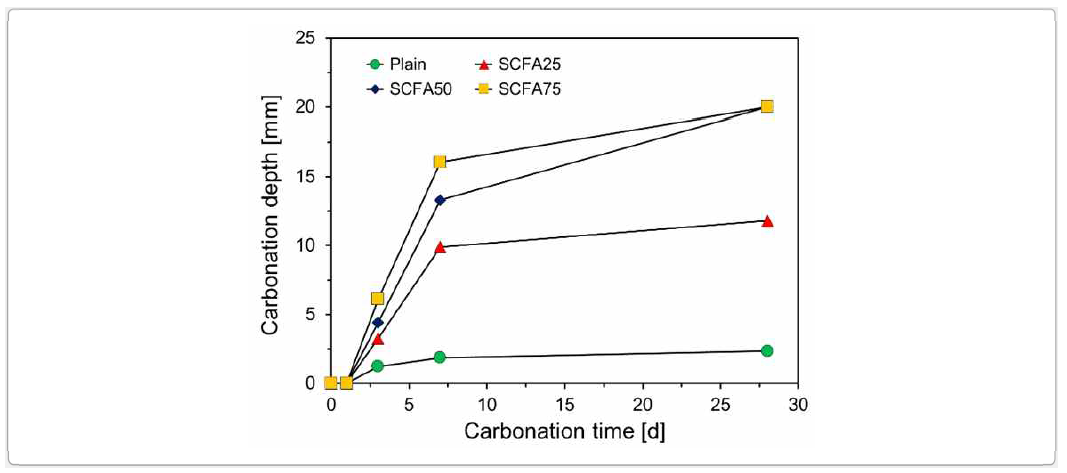 탄산화 양생에 모르타르 시험체의 탄산화 깊이