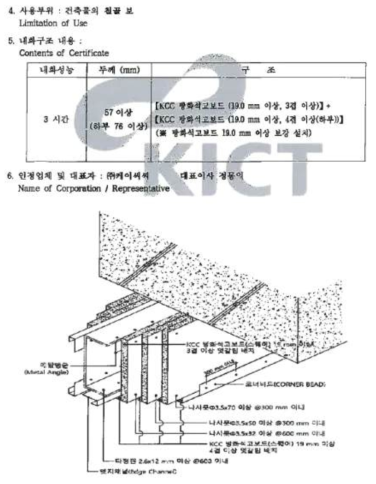 3시간 내화구조 인정 성적서