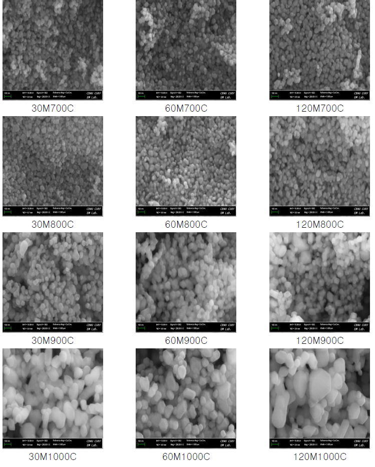 SEM pictures of various Light burned MgO(×200,000)