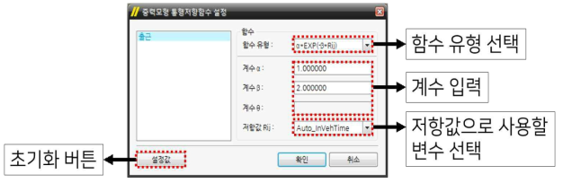 TOVA 중력모형의 통행저항함수 설정 화면 구성