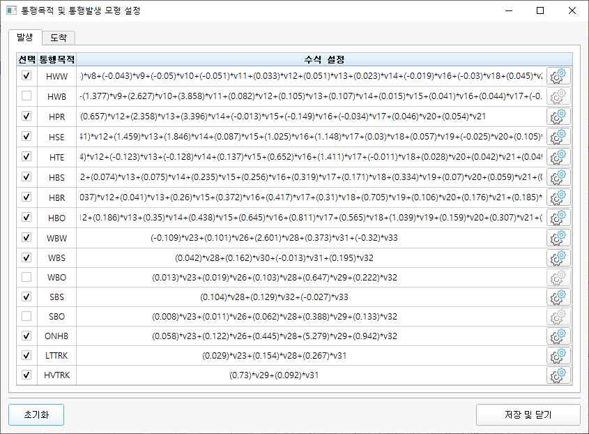 통행목적 및 발생모형 설정 화면 개발 결과