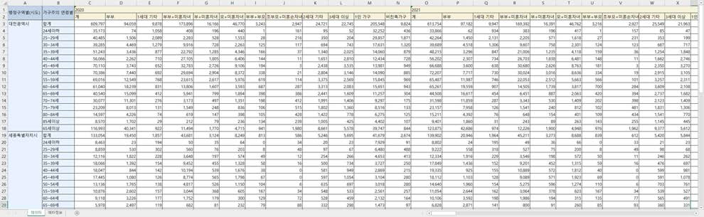 2020_2040년 시도별 가구유형별 가구수 추계 데이터(출처 : KOSIS)
