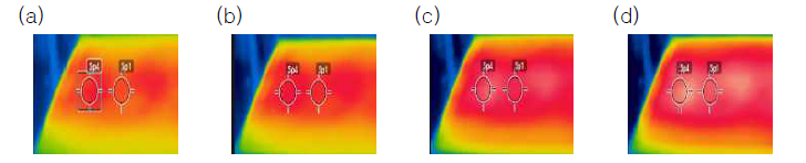 파이프관 DB: (a) 37.1℃; (b) 40.0℃; (c) 48.5℃; (d) 53.7℃