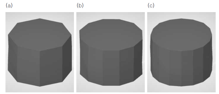 반경 200mm, 3D 구현: (a) 8회 측정; (b) 12회 측정; (c) 16회 측정