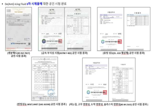 De(Anti)-icing fluid 3차 시제품 공인 성적서 (융빙성능, 어는점, 생분해도, 방빙성능 등)