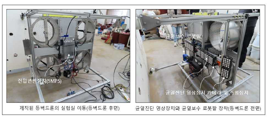 제작된 등벽드론의 실험실 이동후 균열진단 영상장치와 균열보수 로봇팔 장착 모습