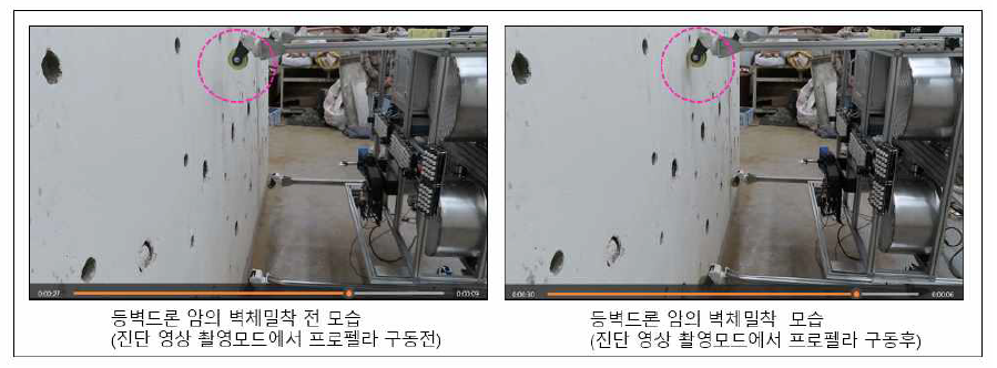 등벽드론 프로펠러 가동으로 추력을 발생시켜 등벽드론을 벽체쪽으로 밀착시키는 시험 모습