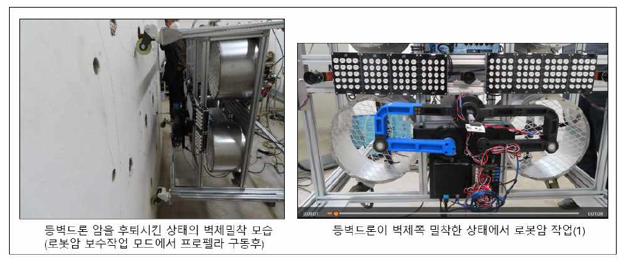 등벽드론 슬라이드 암을 후퇴시켜 벽면과 이격 간격을 줄인 상태에서 로봇암 구동 시험 모습