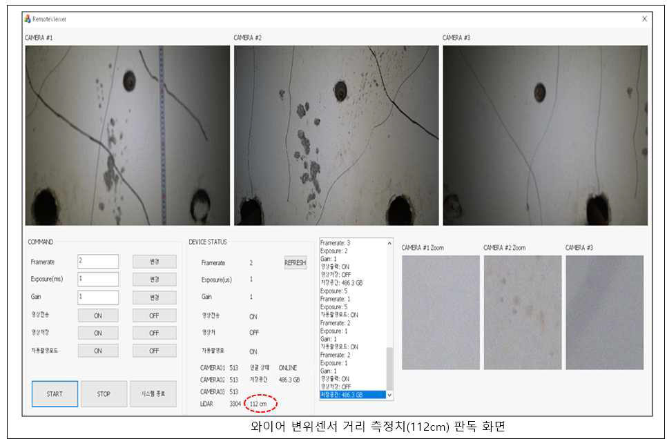 와이어 변위센서로 등벽드론의 수직방향 이동거리를 측정한 판독화면(112cm)