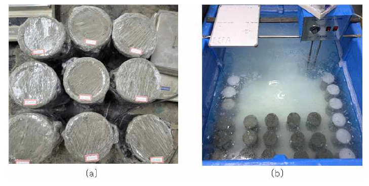 공시체 제작; (a) 습윤양생, (b) 수중양생