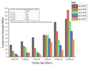 일반 양생 또는 수중 양생된 벨라이트 시멘트 모르타르의 압축강도 (Siddique et al., 2020)