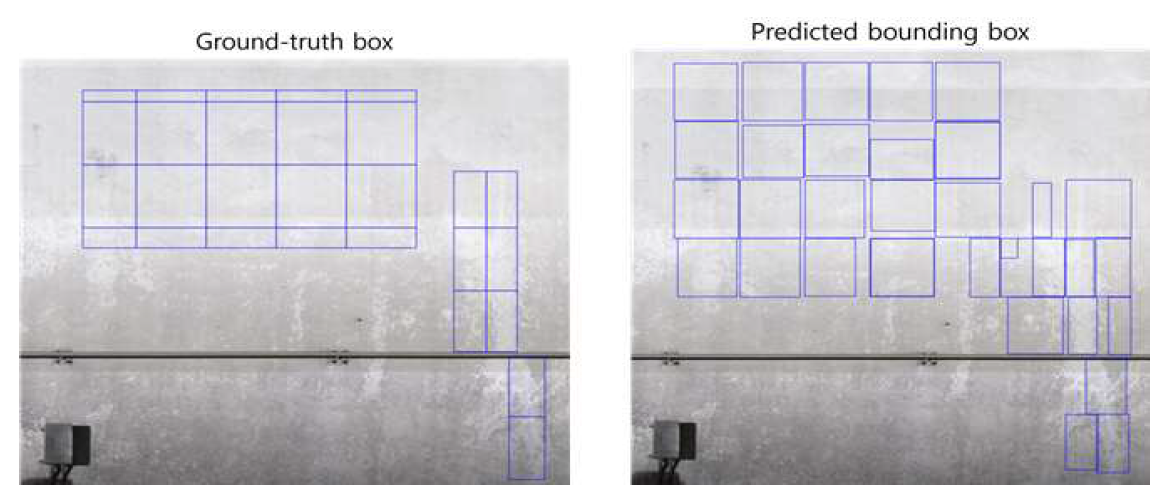 test patch dataset에 대해 ground-truth box, predicted bounding box의 patch 병합한 이미지의 box smoothing 후처리 이전의 이미지 일부 예시