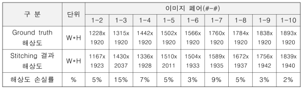 타일부 테스트 이미지의 접합화상 해상도 손실률