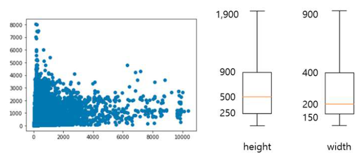 손상의 크기 분포 (scatter - x축 : width, y축 : height, / boxplot – outlier 제외)