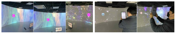 (좌) 3D 오브젝트(분홍색)가 2D 디스플레이 공간에서 3D 체험 공간으로 이동하는 상황 태블릿으로 촬영한 영상, (우) 가상공간에서 현실공간으로 이동하는 오브젝트의 움직임을 태블릿으로 확인하는 장면