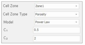 Porous Zone 설정 인터페이스 (Power Law 모델)