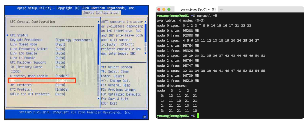 SNC(Sub-NUMA Cluster)를 위한 BIOS 셋팅 및 Sub-NUMA node 환경