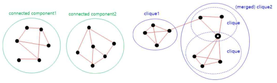 (좌) 연결컴포넌트(connected component)와 (우) 클리크(clique) 간 병합과정 예시